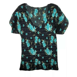 Vintage wrinke 90s 2000 Y2K blue black Floral Short Sleeve top Size SMALL